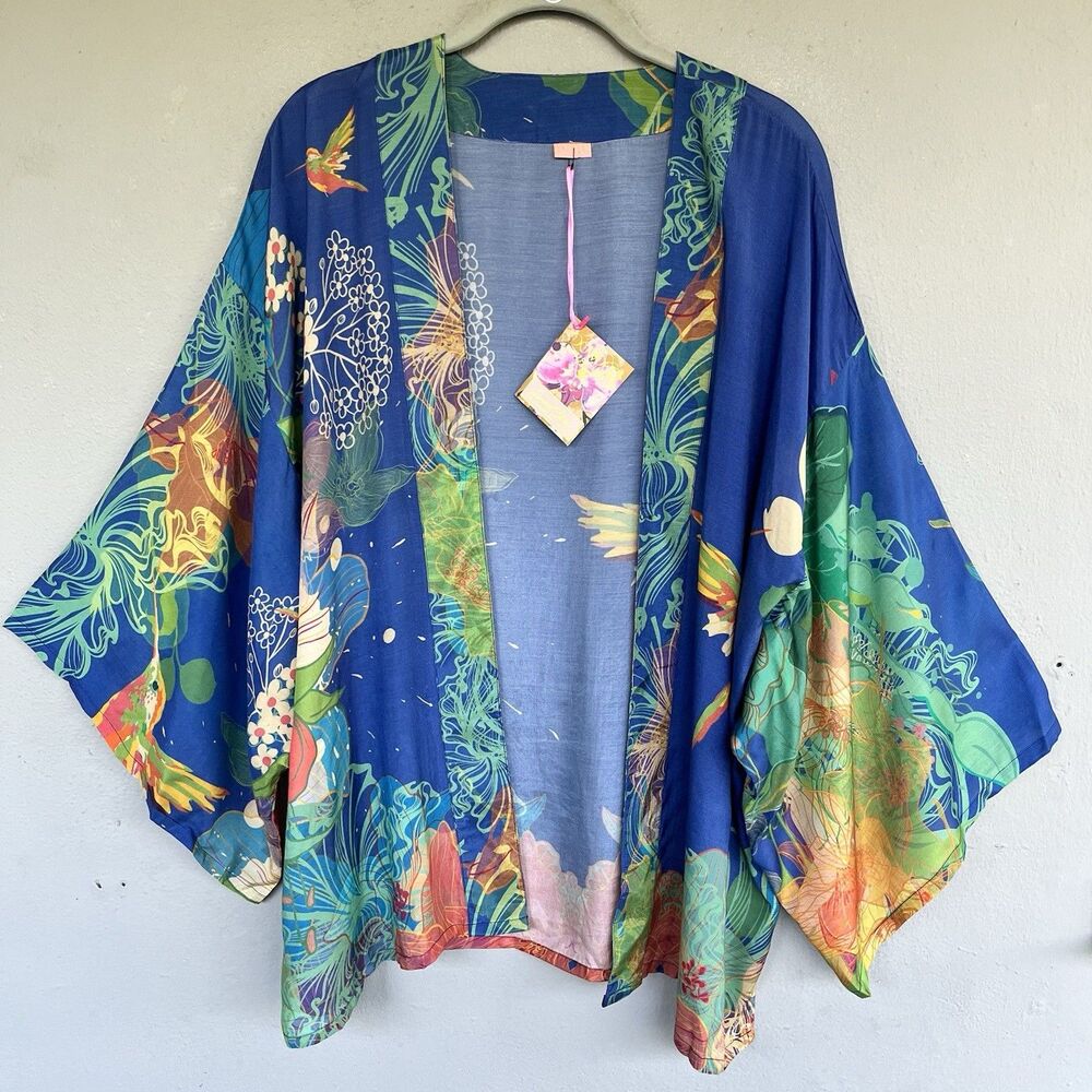 Powder Design Kimono Cardigan Blue Floral Hummingbird Print OS Boho Cover Up